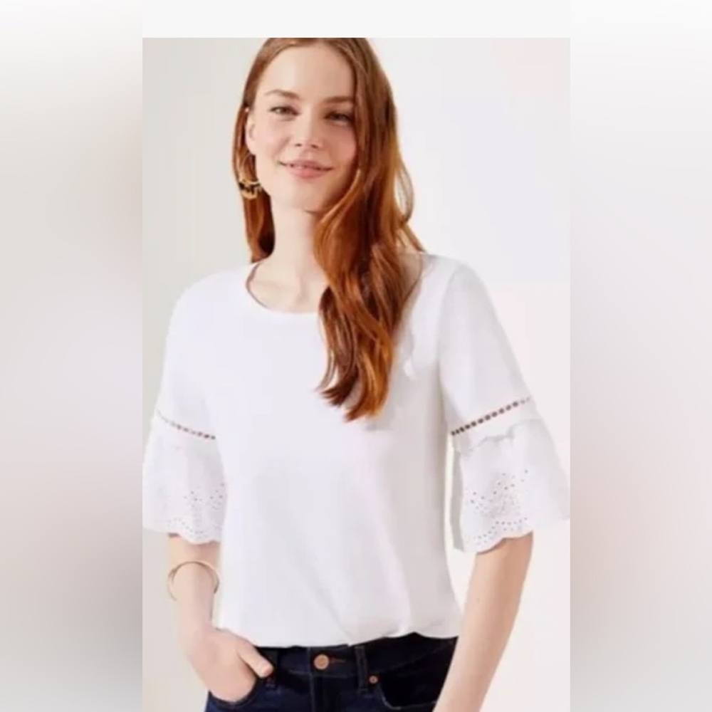 LOFT white tee with eyelet ruffle sleeves, size L